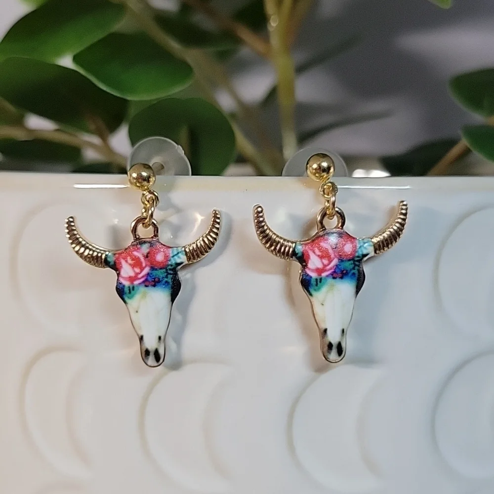 Floral Longhorn Drop Earrings - Picture 2 of 6